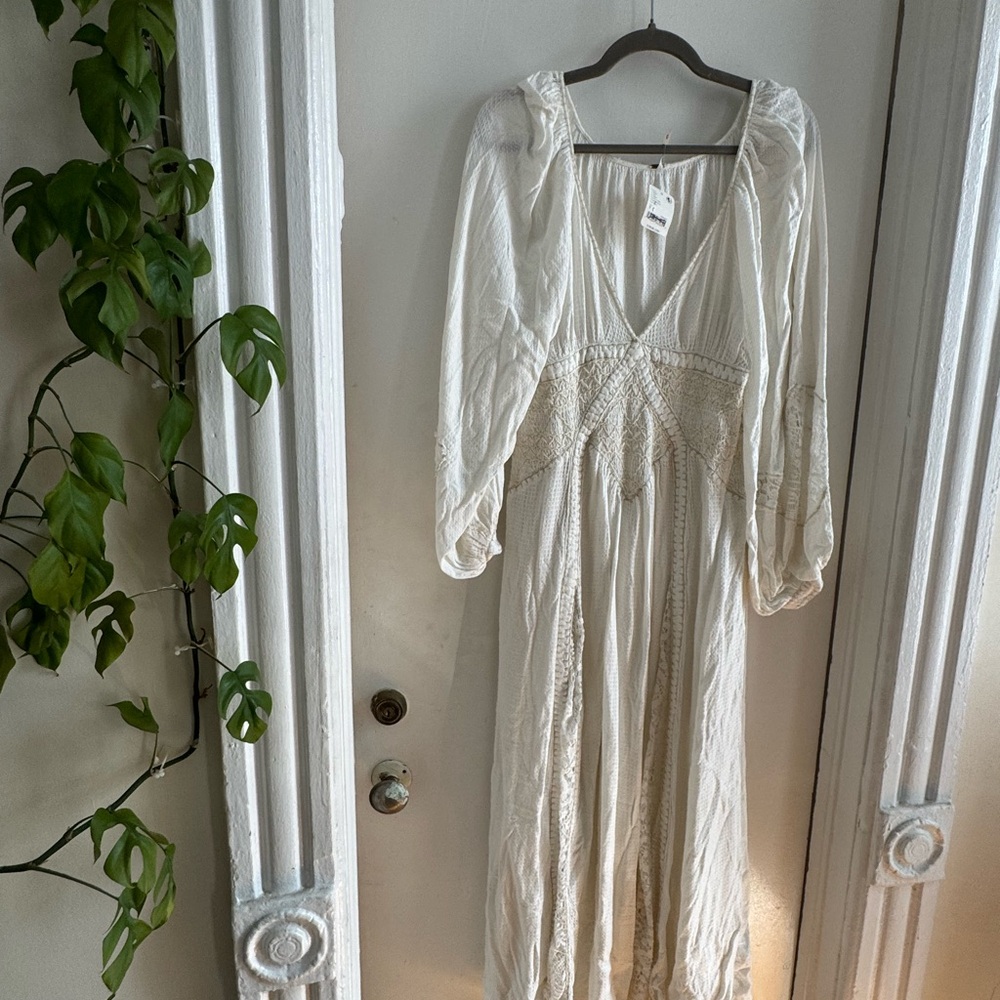 Free People White Smocked Maxi Dress with Sweetheart Neckline
